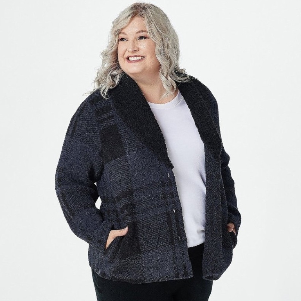 Barefoot Dreams size XL Cozy Chic Plaid Shearling Cardigan Sweater Jacket NWT